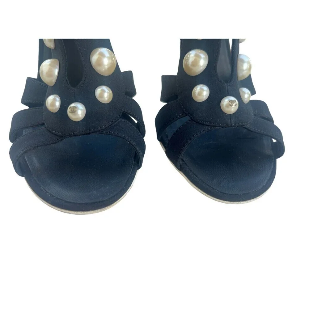 Chanel Black Strap Pearl Embellished Heels